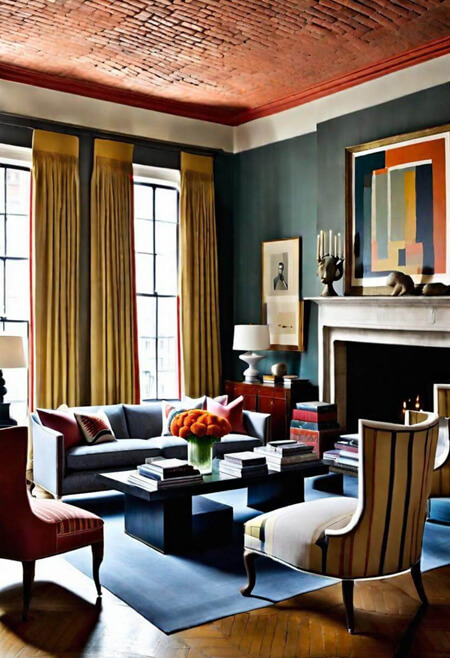3 brick ceiling living room gold curtians gray walls