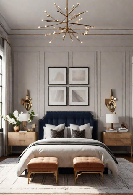 Neutral bedroom with tall ceiling and amazing chandelier
